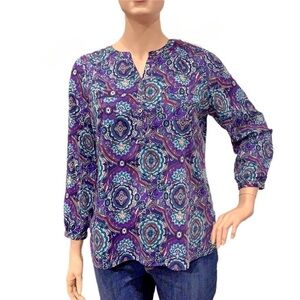 Croft & Barrow Popover Light Top Long Sleeves Purple Red Green Floral Plus Sz 1X